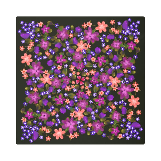 美しいピンク、紫、青ボホの花 メタルプリント (正面)