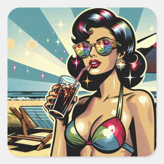 美しいピンナップの女性とコーラのビーチ スクエアシール (正面)