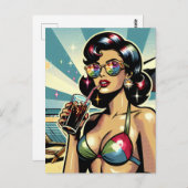 美しいピンナップの女性とコーラのビーチ ポストカード (正面/裏面)