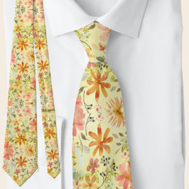 美しいピーチイエローサマーフローラ水彩 ネクタイ