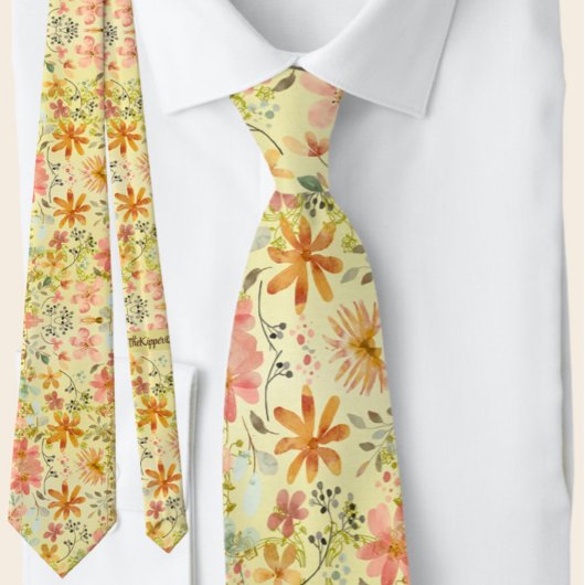 美しいピーチイエローサマーフローラ水彩 ネクタイ