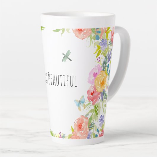 美しいピーチピンク金ゴールドイエローウォーター色フローラ カフェラテマグ (右アングル)