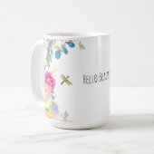 美しいピーチピンク金ゴールドイエローウォーター色フローラ コーヒーマグカップ (正面左)