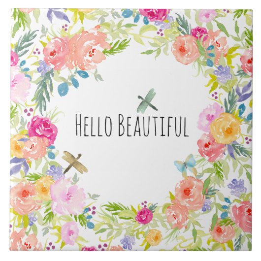 美しいピーチピンク金ゴールドイエローウォーター色フローラ タイル (正面)