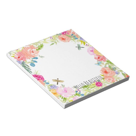 美しいピーチピンク金ゴールドイエローウォーター色フローラ ノートパッド (アングル)