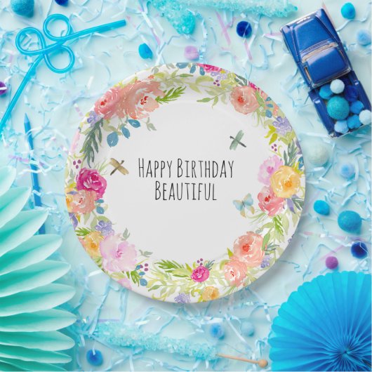 美しいピーチピンク金ゴールドイエローウォーター色フローラ ペーパープレート (パーティー)