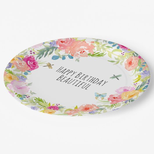 美しいピーチピンク金ゴールドイエローウォーター色フローラ ペーパープレート (アングル)