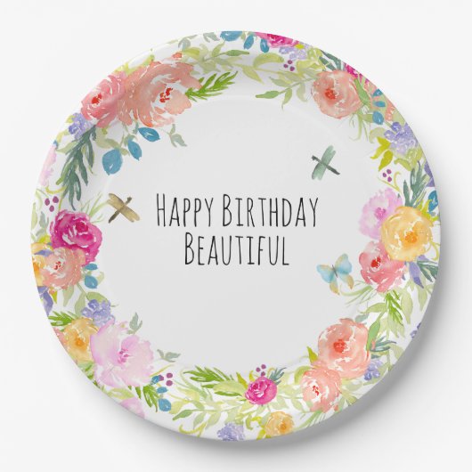 美しいピーチピンク金ゴールドイエローウォーター色フローラ ペーパープレート (正面)