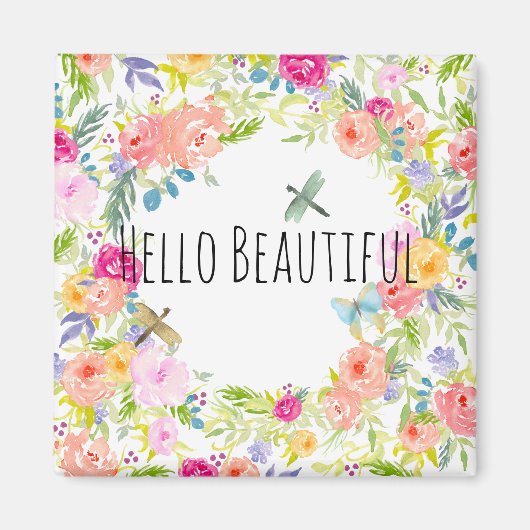 美しいピーチピンク金ゴールドイエローウォーター色フローラ マグネット (正面)