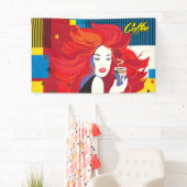 美しいファッションとコーヒーカップアートポップ・アートのの女性 横断幕 (インサイチュ)