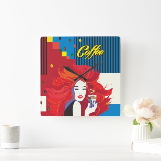 「美しいファッションとコーヒーカップ」 ポップ・アートのアート スクエア壁時計 (ホーム)