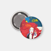 「美しいファッションとコーヒーカップ」 ポップ・アートのアート マグネット (正面/裏面)