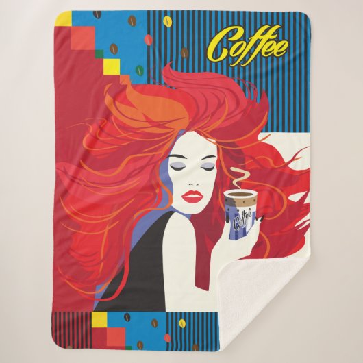 美しいファッションのコーヒーカップ付きモダン女性 シェルパブランケット (正面)