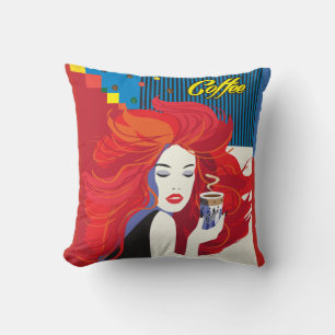 美しいファッションの女性およびコーヒーカップPOP-ART クッション