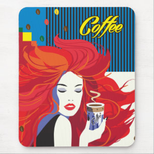 「美しいファッション·ウーマンとコーヒー·カップ」ポップ・アートのア マウスパッド