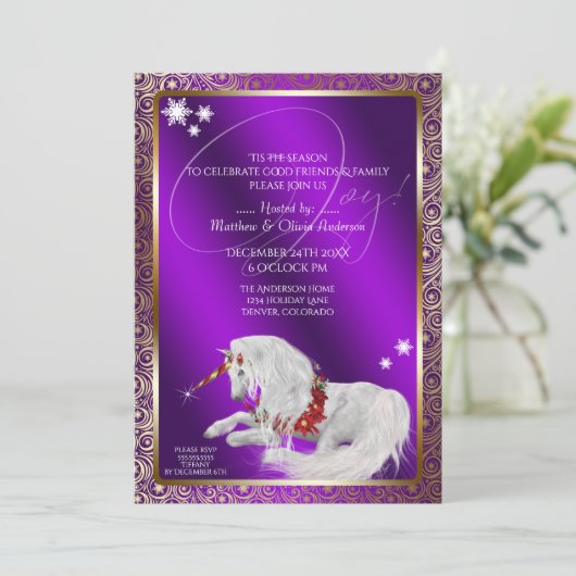 美しいファンタジークリスマスユニコーンジョイパープル 招待状 (スタンド正面)