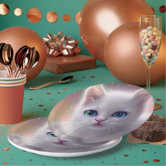 美しいファンタジーホワイトフワフワ猫 ペーパープレート (複数)