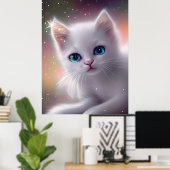 美しいファンタジーホワイトフワフワ猫 ポスター (ホームオフィス)
