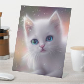 美しいファンタジーホワイトフワフワ猫 台座サイン (インサイチュ)