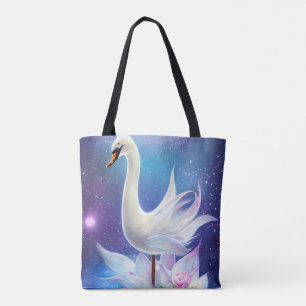 美しいファンタジー白い白鳥と花 トートバッグ