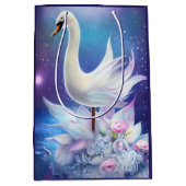 美しいファンタジー白い白鳥と花 ミディアムペーパーバッグ (正面)