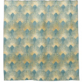 美しいファンパターン，ティール（緑がかった色）金ゴールド,アールデコパターン，c シャワーカーテン (正面)