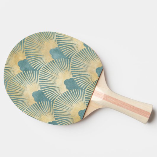 美しいファンパターン，ティール（緑がかった色）金ゴールド,アールデコパターン，c 卓球ラケット (横)
