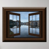 美しいフェイクウィンドウビューレイクツリーランドスケープ ポスター (正面)
