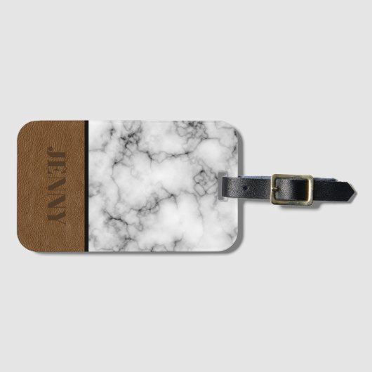 美しいフェイク大理石と革のデザインと名前 ラゲッジタグ (正面横)