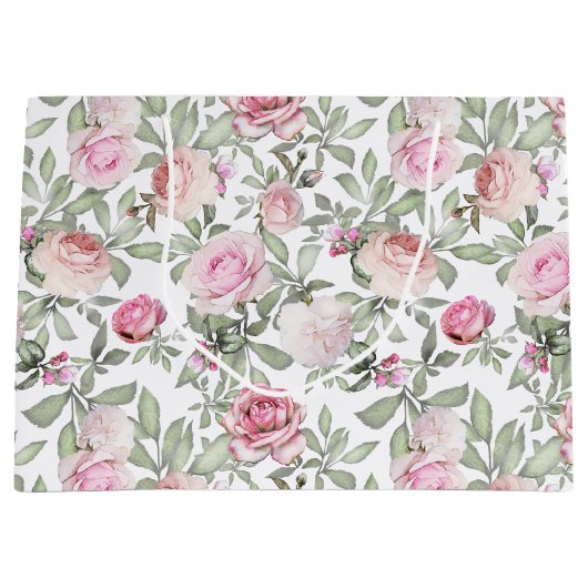 美しいフェミニンな花の水彩ピンクのバラ ラージペーパーバッグ (正面)