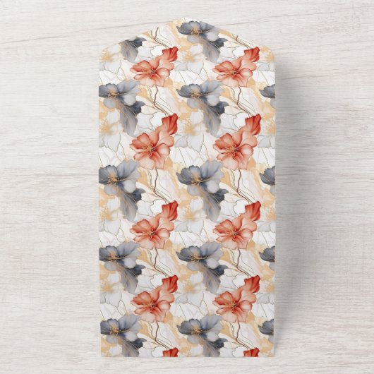 美しいフェミニンピーチブルーとホワイトフローラ オールインワン招待状 (外側)