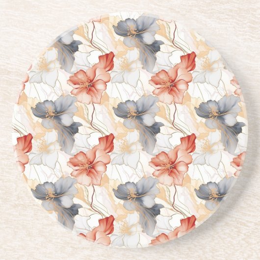 美しいフェミニンピーチレッドブルーと白フローラ コースター (正面)