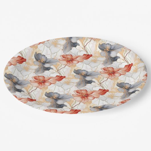 美しいフェミニンピーチレッドブルーと白フローラ ペーパープレート (アングル)