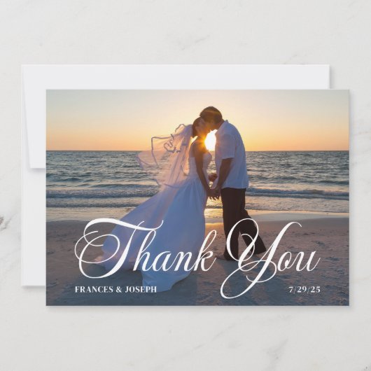 美しいフォルマスクリプトの結婚式の写真 サンキューカード (正面)