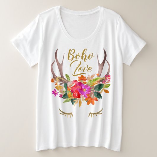 美しいフラワーボホラブトナカイの角マスカラ プラスサイズTシャツ (デザイン正面)