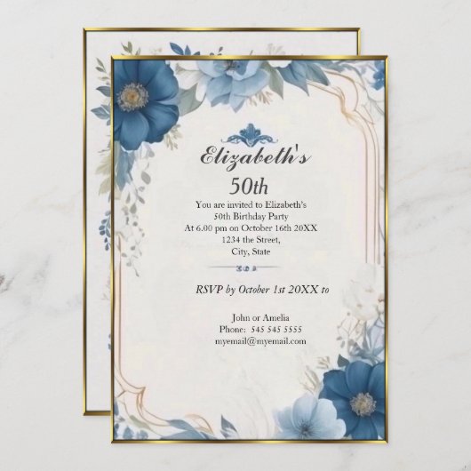 美しいフランスのヴィンテージ50th誕生日パーティー 招待状 (正面/裏面)