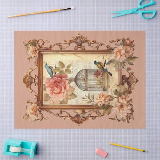 美しいフレームフローラ鳥とケージの切り離し 薄葉紙 (クラフト)