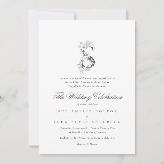 美しいフローラのモノグラムのスケッチ結婚の 招待状 (正面)