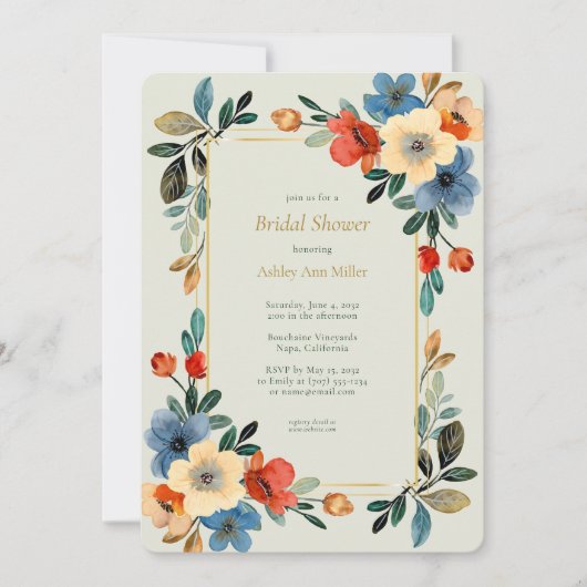 美しいフローラウォーターカラーセージブライダルシャワー 招待状 (正面)
