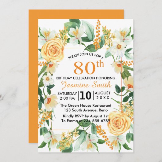 美しいフローラオレンジの80歳の誕生日パーティー 招待状 (正面/裏面)