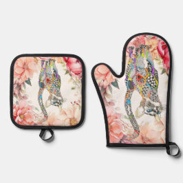 美しいフローラキャットキルテッド 鍋つかみ&鍋敷きセット