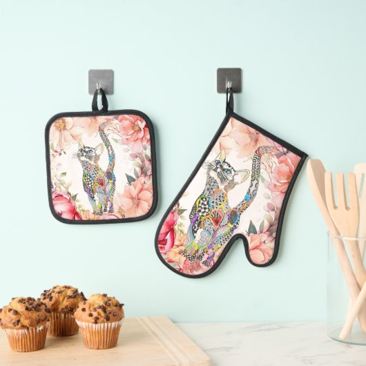 美しいフローラキャットキルテッド 鍋つかみ&鍋敷きセット (インサイチュ (吊り下げ))
