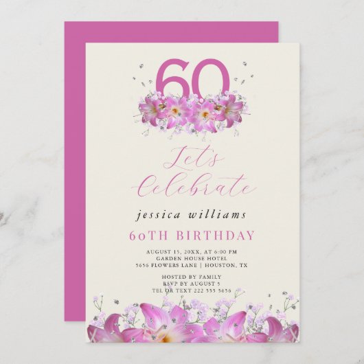 美しいフローラグリッター誕生日 招待状 (正面/裏面)