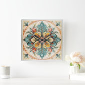 美しいフローラタイルPat#15ティール(緑がかった色)黄色ID1078 スクエア壁時計 (ホーム)