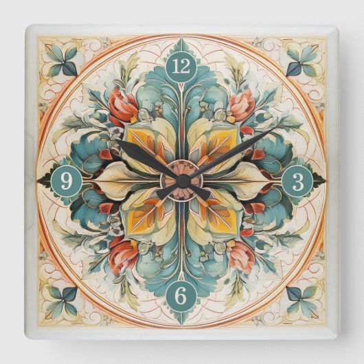 美しいフローラタイルPat#15ティール(緑がかった色)黄色ID1078 スクエア壁時計 (正面)