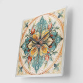 美しいフローラタイルPat#15ティール(緑がかった色)黄色ID1078 スクエア壁時計 (傾斜)