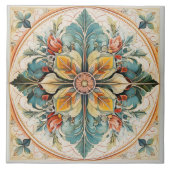 美しいフローラタイルPat#15ティール(緑がかった色)黄色ID1078 タイル (正面)