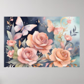 美しいフローラバタフライウォーターカラーアート ポスター (正面)