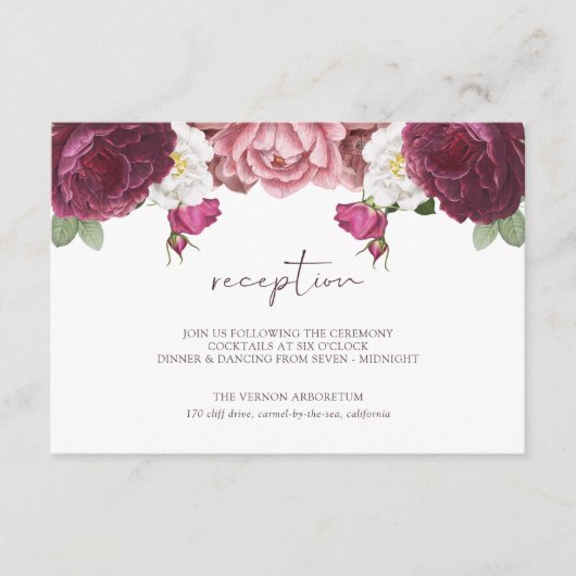 美しいフローラバーガンディ結婚式のレセプション エンクロージャーカード (正面)