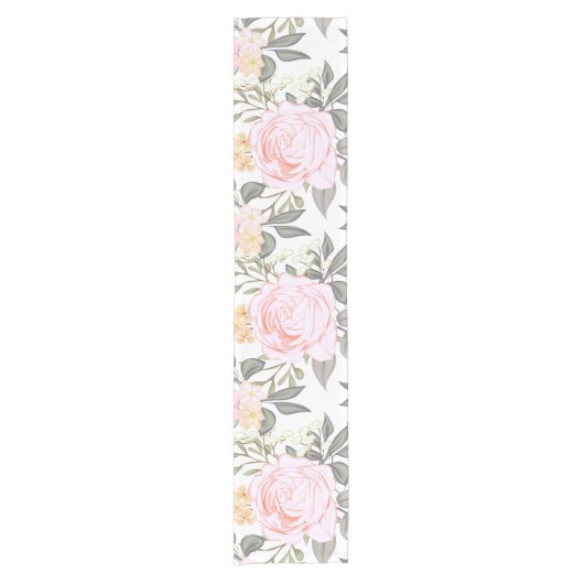 美しいフローラピンクのバラと緑の葉 ショートテーブルランナー (正面)